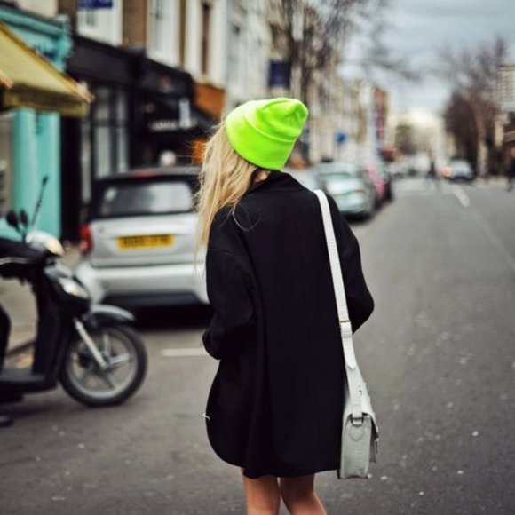 NEON GREEN SLOUCHY BEANIE CUFFED RIB KNIT HAT - Picture 2 of 5